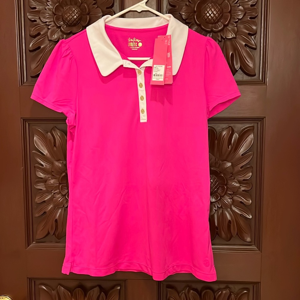 NWT Lilly Pulitzer Frida pink (acai berry) puff sleeve polo size L
